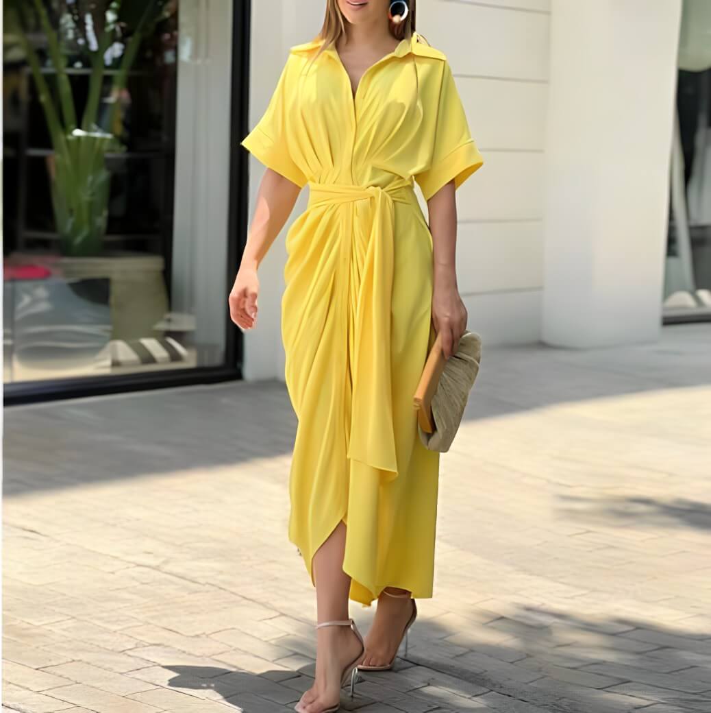 Robe Midi Plissée Harena avec Détails de Boutons